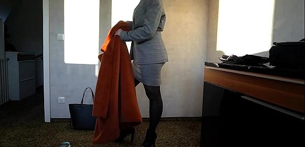  serious business woman slips into her hot leather skirt after work - ends with a huge sperm stain, business-bitch